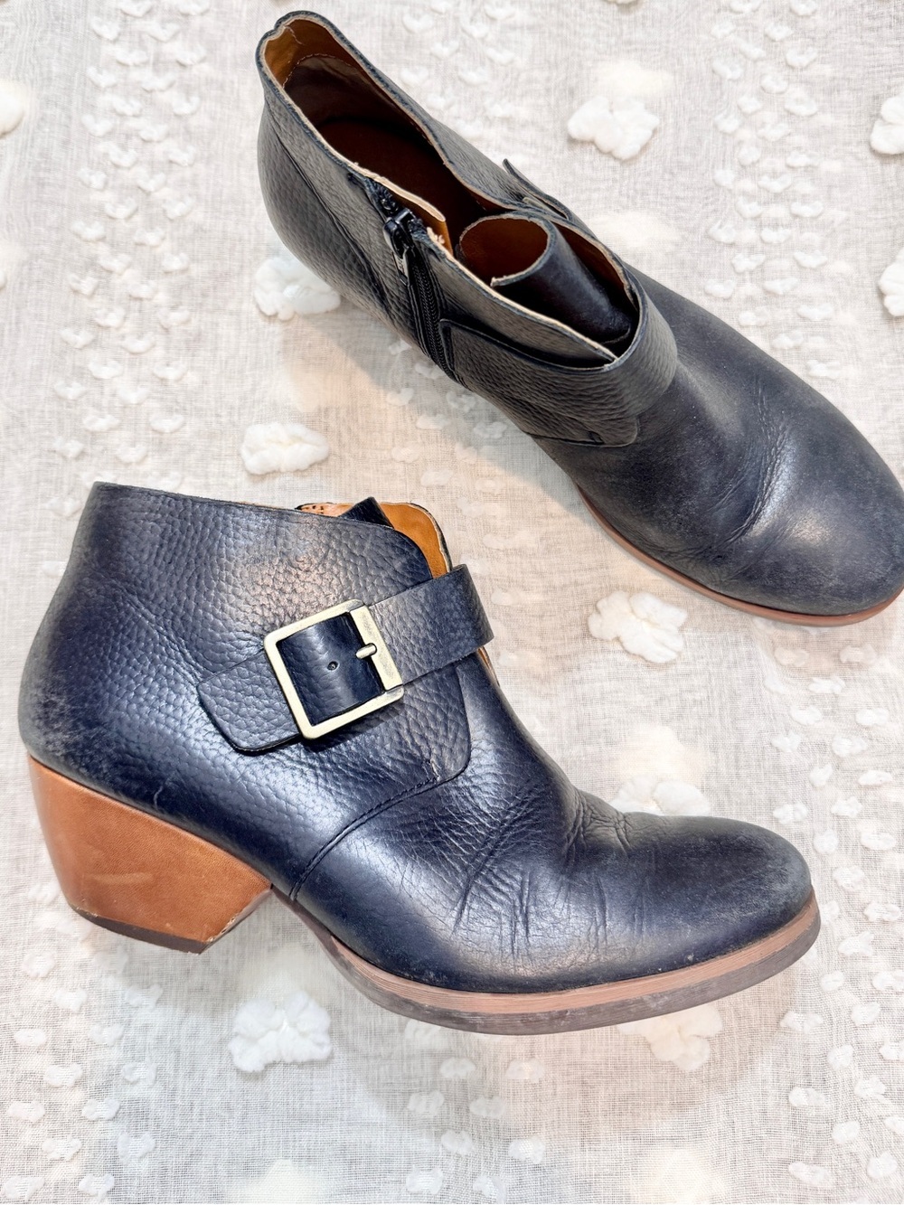 Boho Moto Western Ankle Boots Korks Leather Buckle Block Heel Booties 7.5 F54